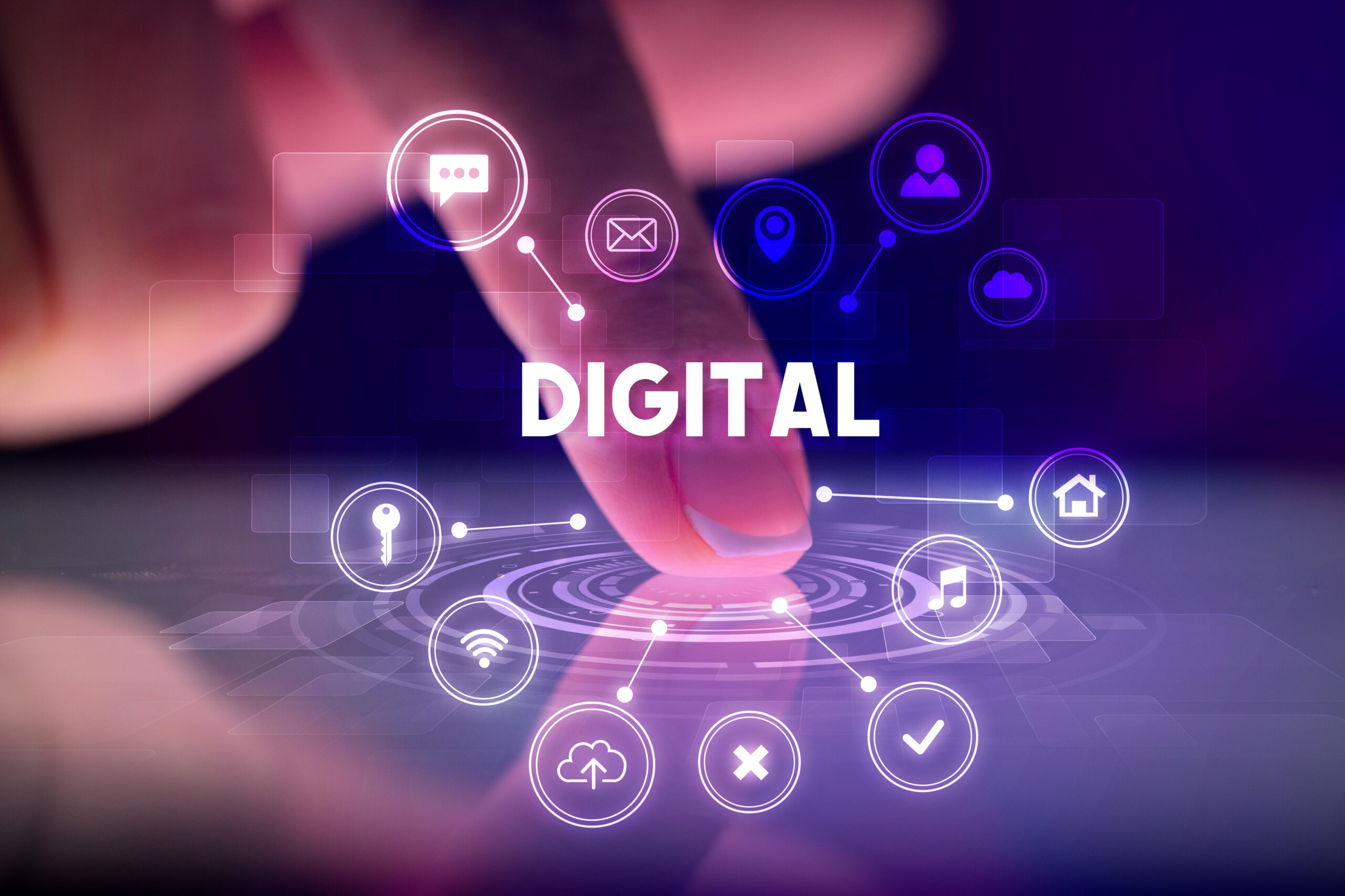 Finger touching tablet with web technology icons and DIGITAL inscription, web technology concept